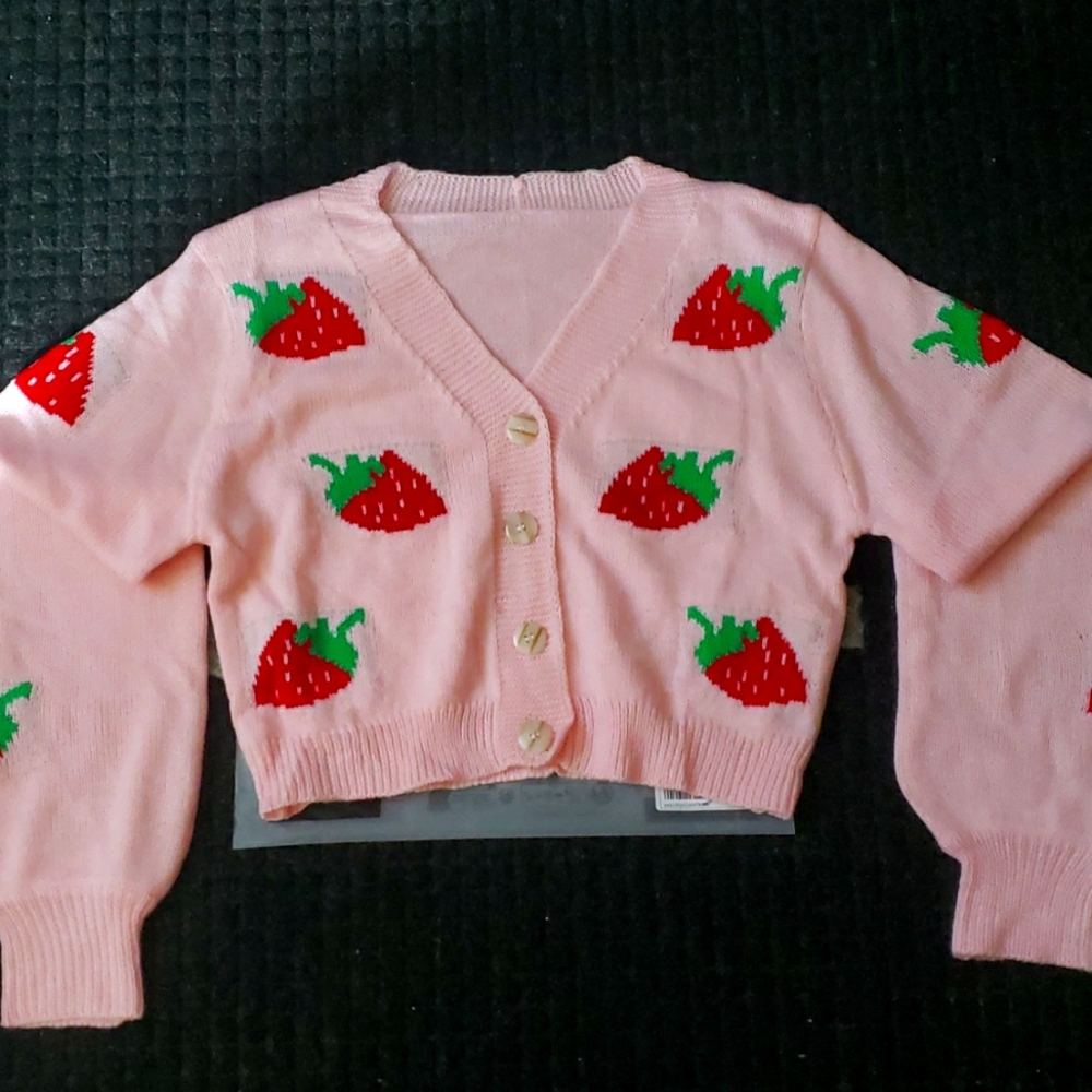 Pink Strawberry Button Up Sweater